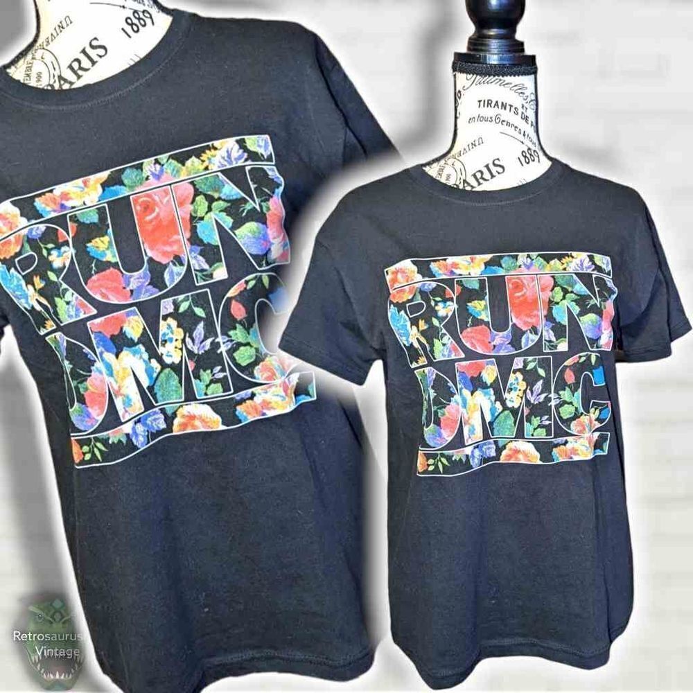Run DMC Floral Print Oversized Boyfriend Crewneck Short Sleeve T Shirt, Women's